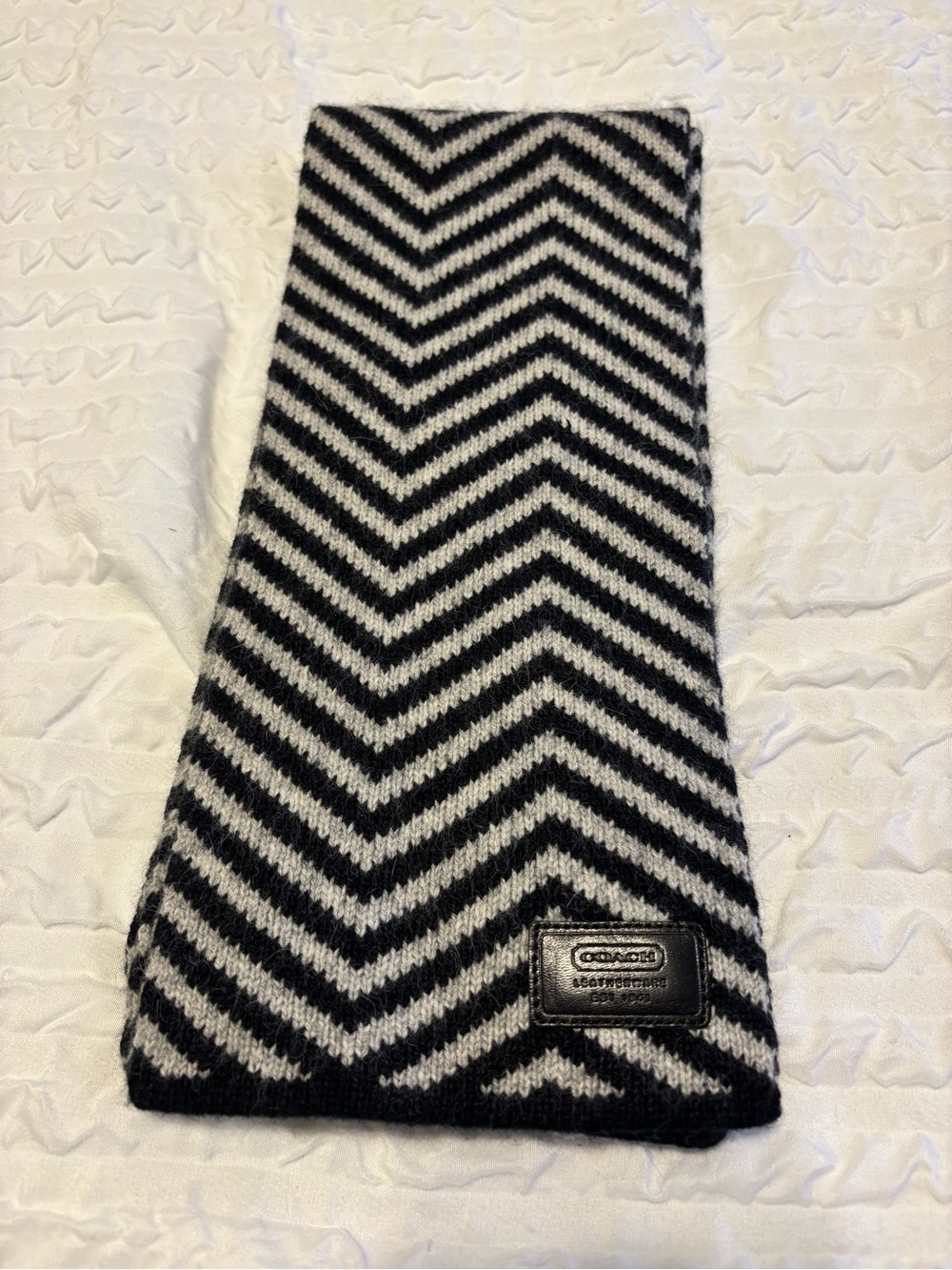 Coach Black & Gray Chevron Wool Scarf with Leather Coach Label